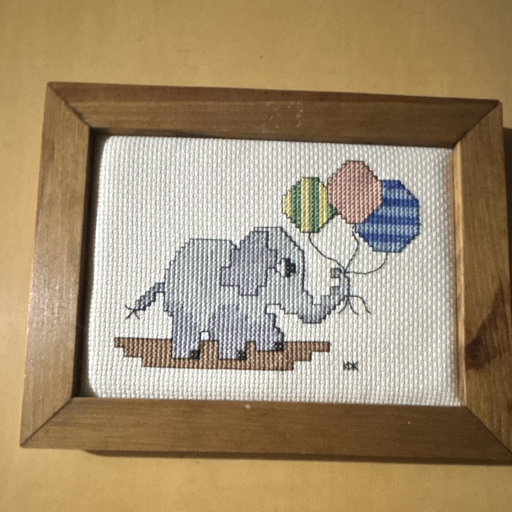 Handmade Framed Cross Stitch Elephant with Balloons in Wooden Frame